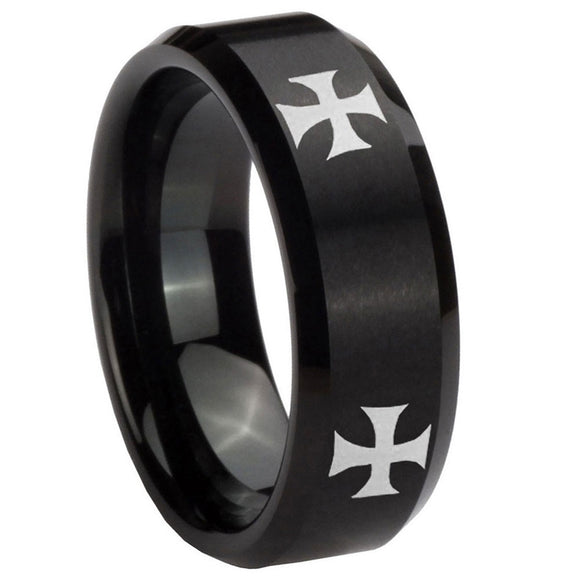 8mm-4-Maltese-Cross-Beveled-Edges-Brush-Black-Tungsten-Carbide-Rings-for-Men