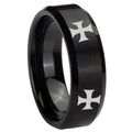 10mm 4 Maltese Cross Beveled Edges Brush Black Tungsten Wedding Band Mens