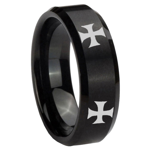 10mm 4 Maltese Cross Beveled Edges Brush Black Tungsten Wedding Band Mens