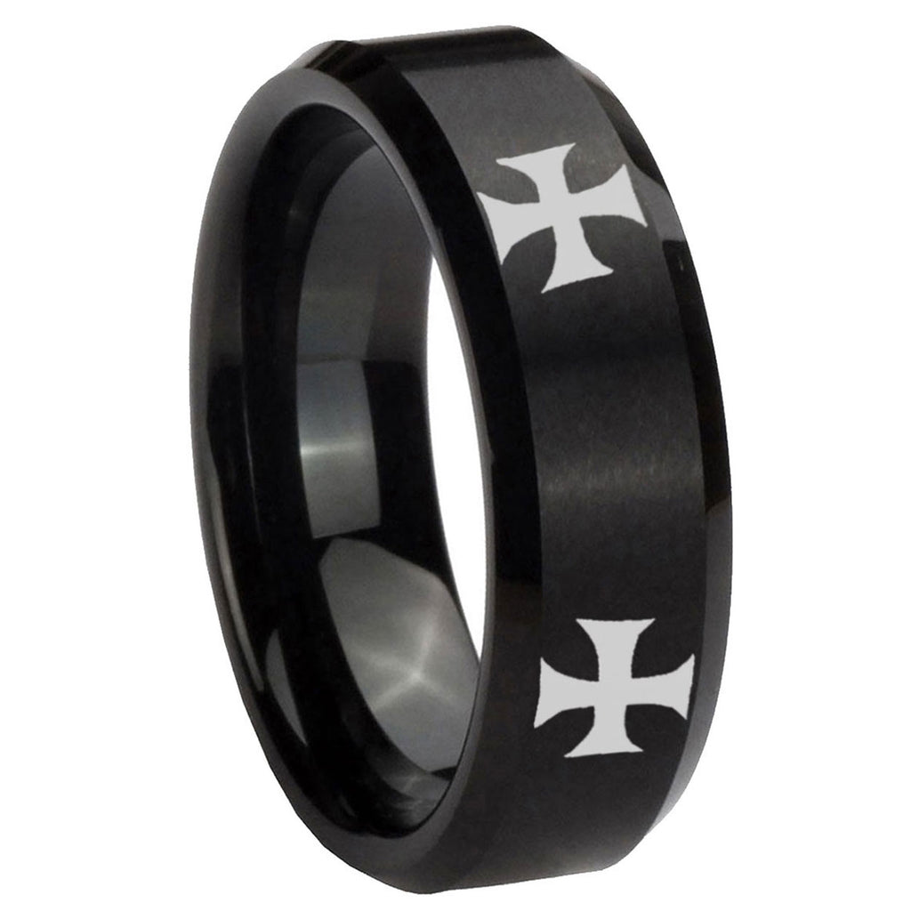 8MM 4 Maltese Cross Beveled  Brushed Black Tungsten Ring