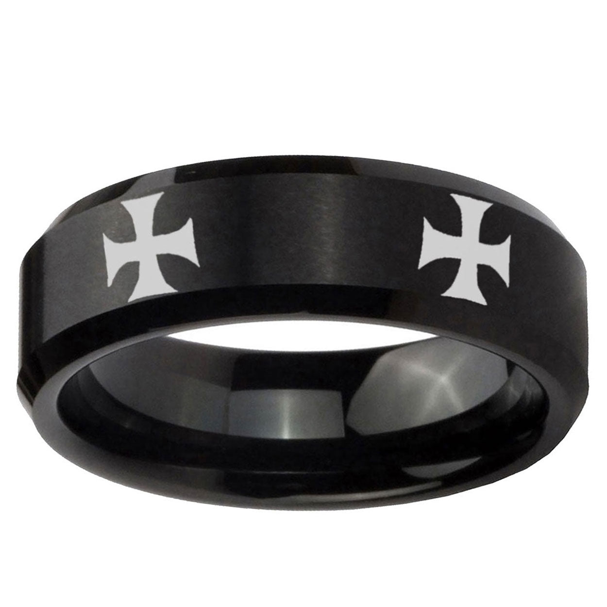 5MM 4 Maltese Cross Beveled  Brushed Black Tungsten Ring