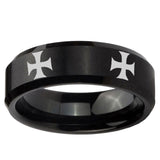 10mm 4 Maltese Cross Beveled Edge Brush Black Tungsten Wedding Band Mens