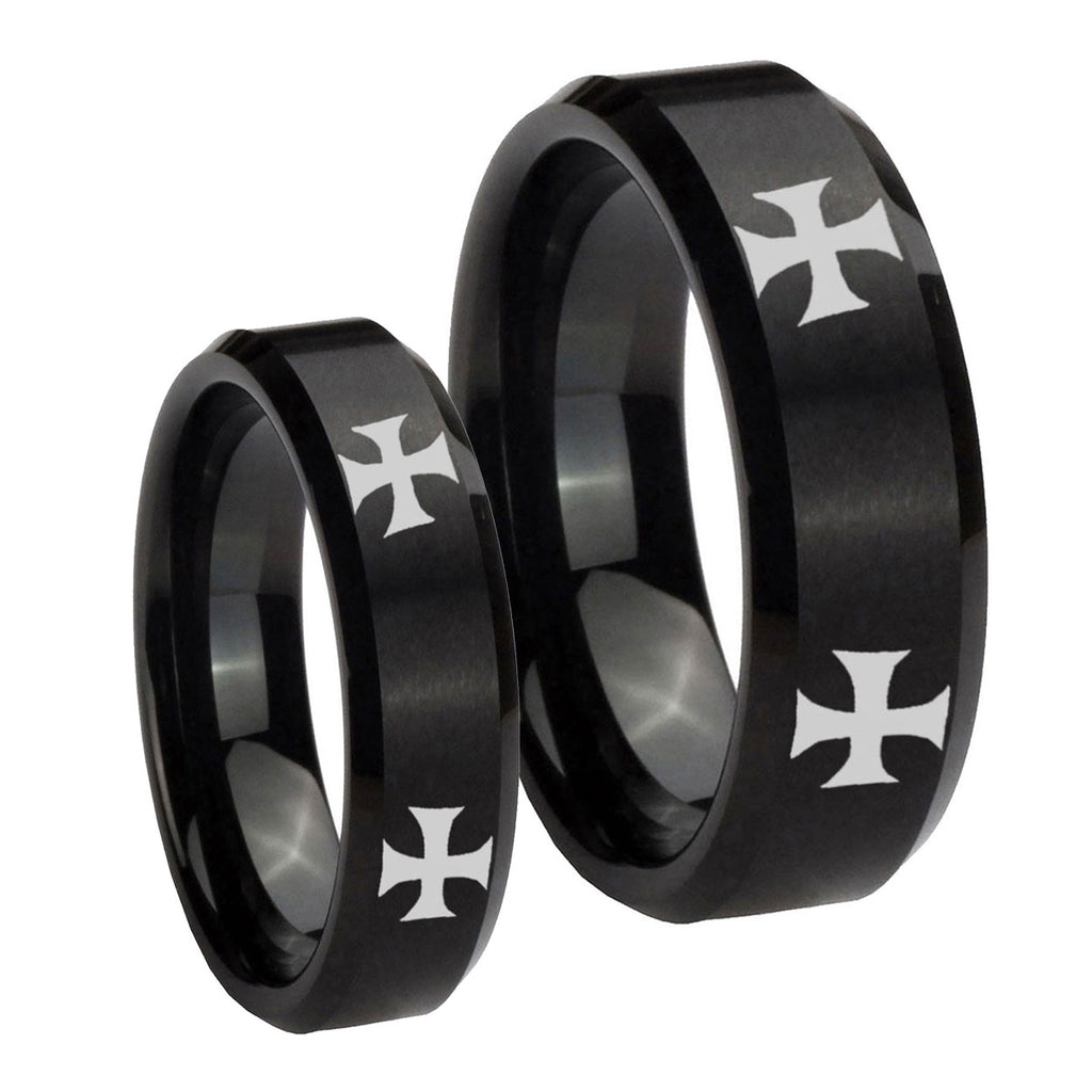4 Maltese Cross Beveled Edges Brush Black Tungsten Wedding Set Ring