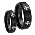 4 Maltese Cross Beveled Edges Brush Black Tungsten Wedding Set Ring