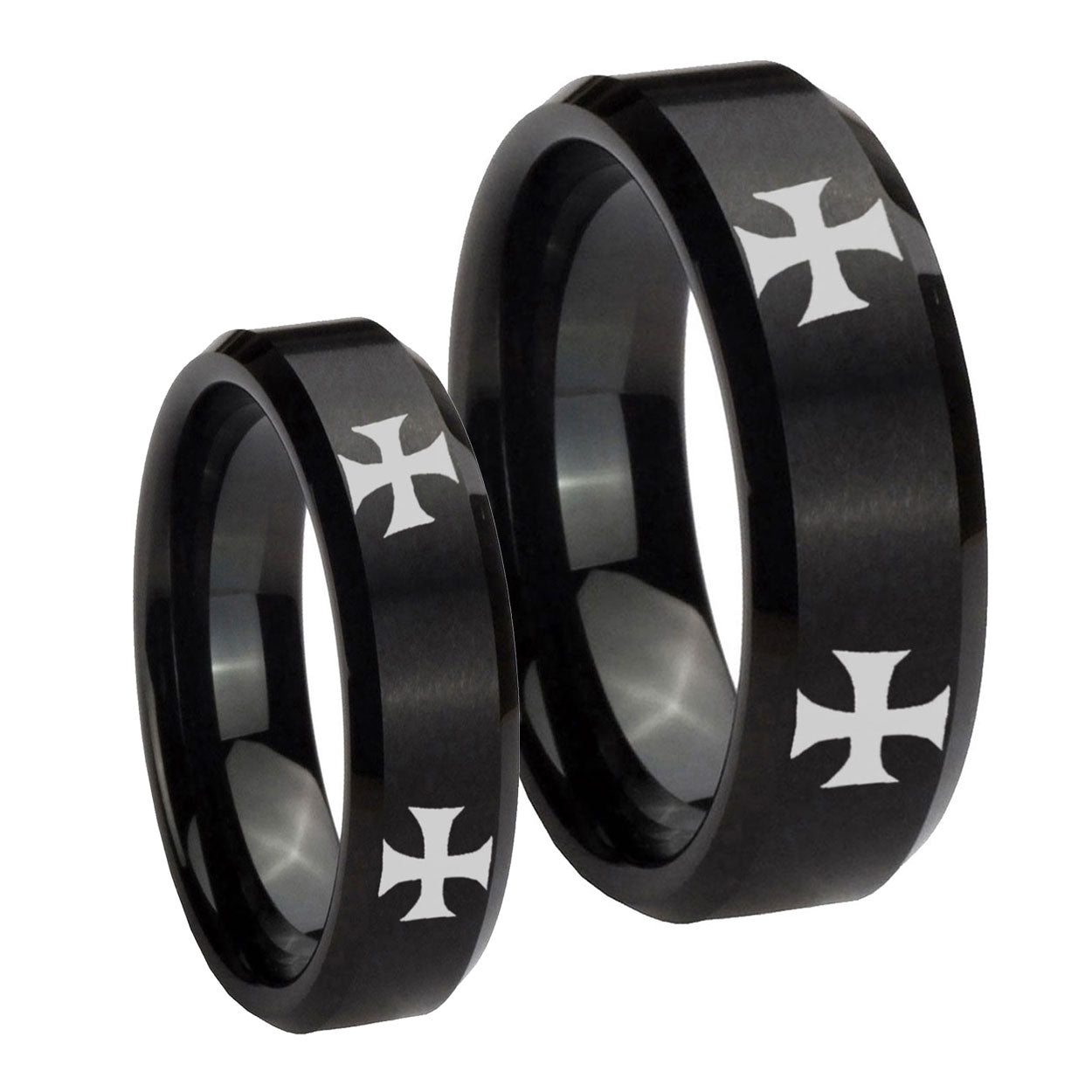 4 Maltese Cross Beveled Edges Brush Black Tungsten Wedding Set Ring