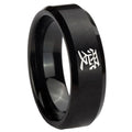 10mm Kanji Love Beveled Edges Brush Black Tungsten Carbide Mens Ring Engraved