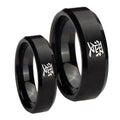 Kanji Love Beveled Edges Brush Black Tungsten Couple Rings