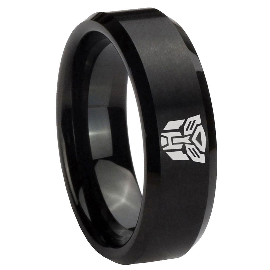 8MM Transformers Autobot Beveled Brushed Black Tungsten Ring For Him