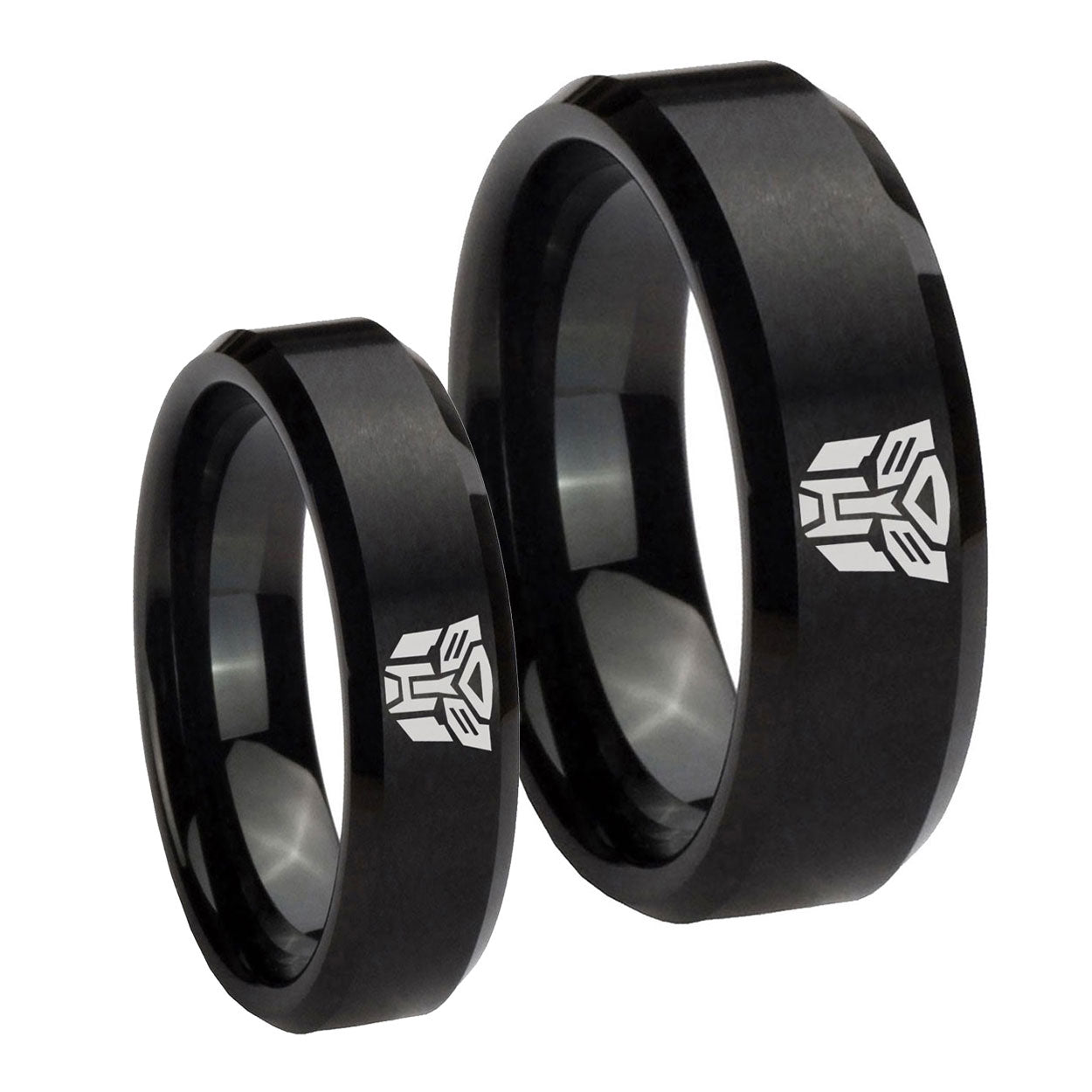 Transformers Autobot Beveled Brush Black Tungsten Wedding Set Rings