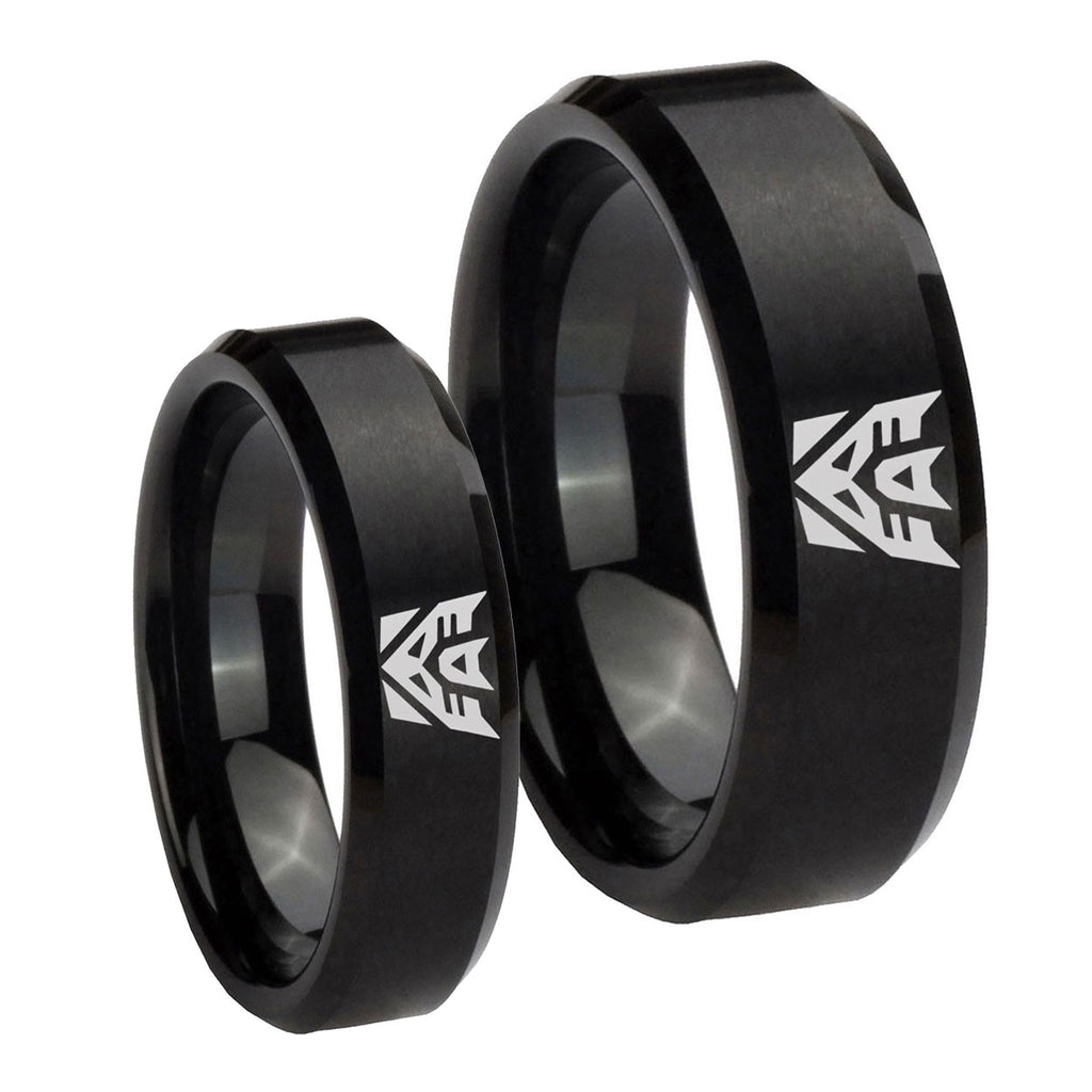 Decepticon Transformers Beveled Brush Black Tungsten Mens Ring Set