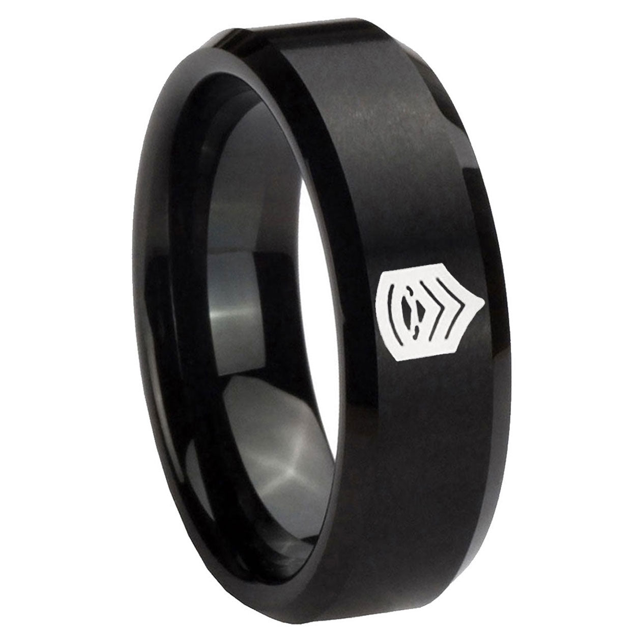 10mm Army Sergeant Major Beveled Edges Brush Black Tungsten Men's Promise Rings