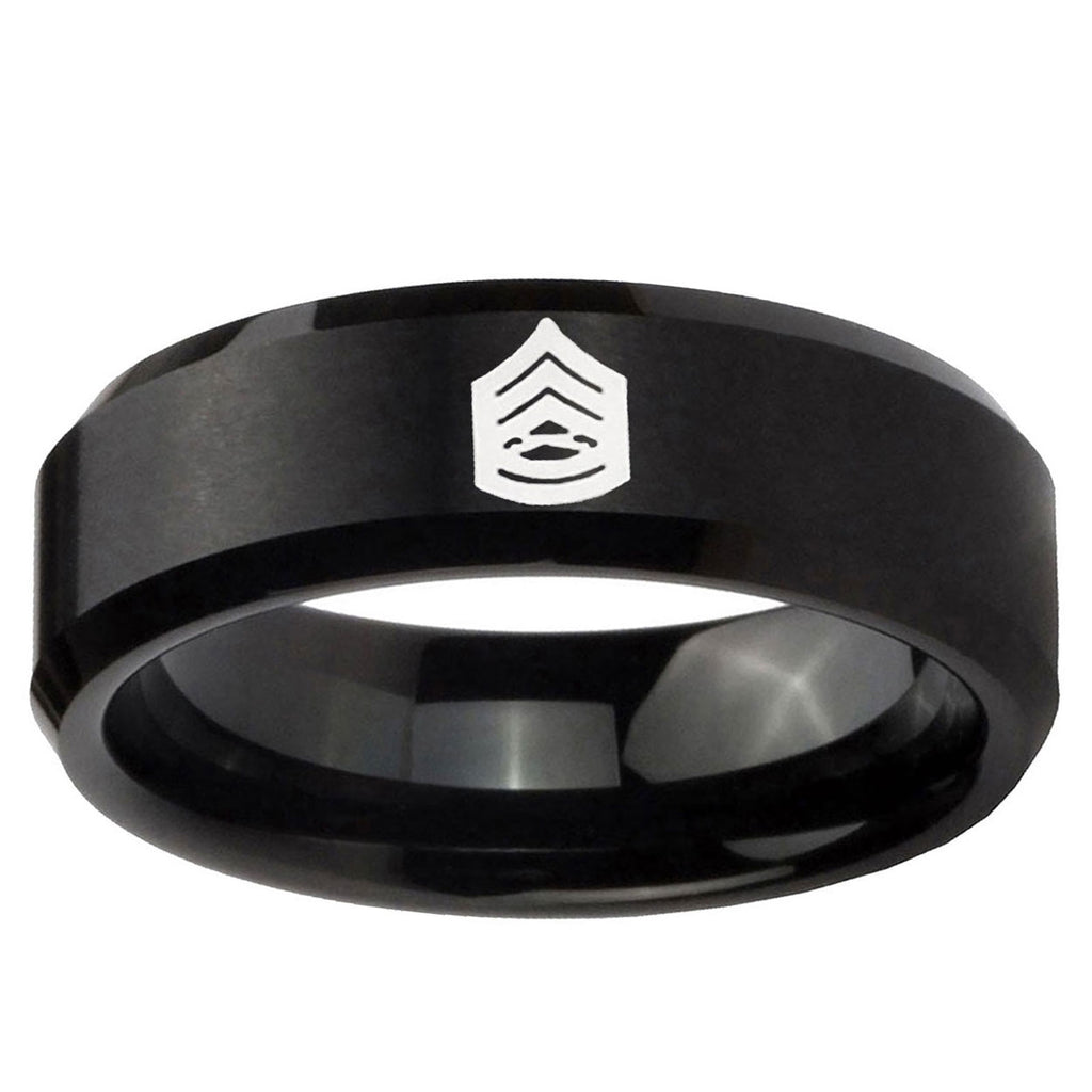 10mm Army Sergeant Major Beveled Edge Brush Black Tungsten Men's Promise Rings