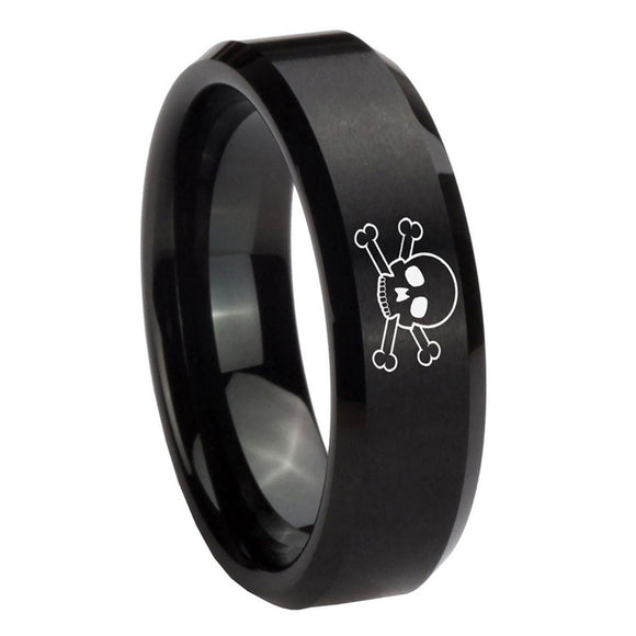 8mm-Skull-Beveled-Edges-Brush-Black-Tungsten-Carbide-Bands-Ring