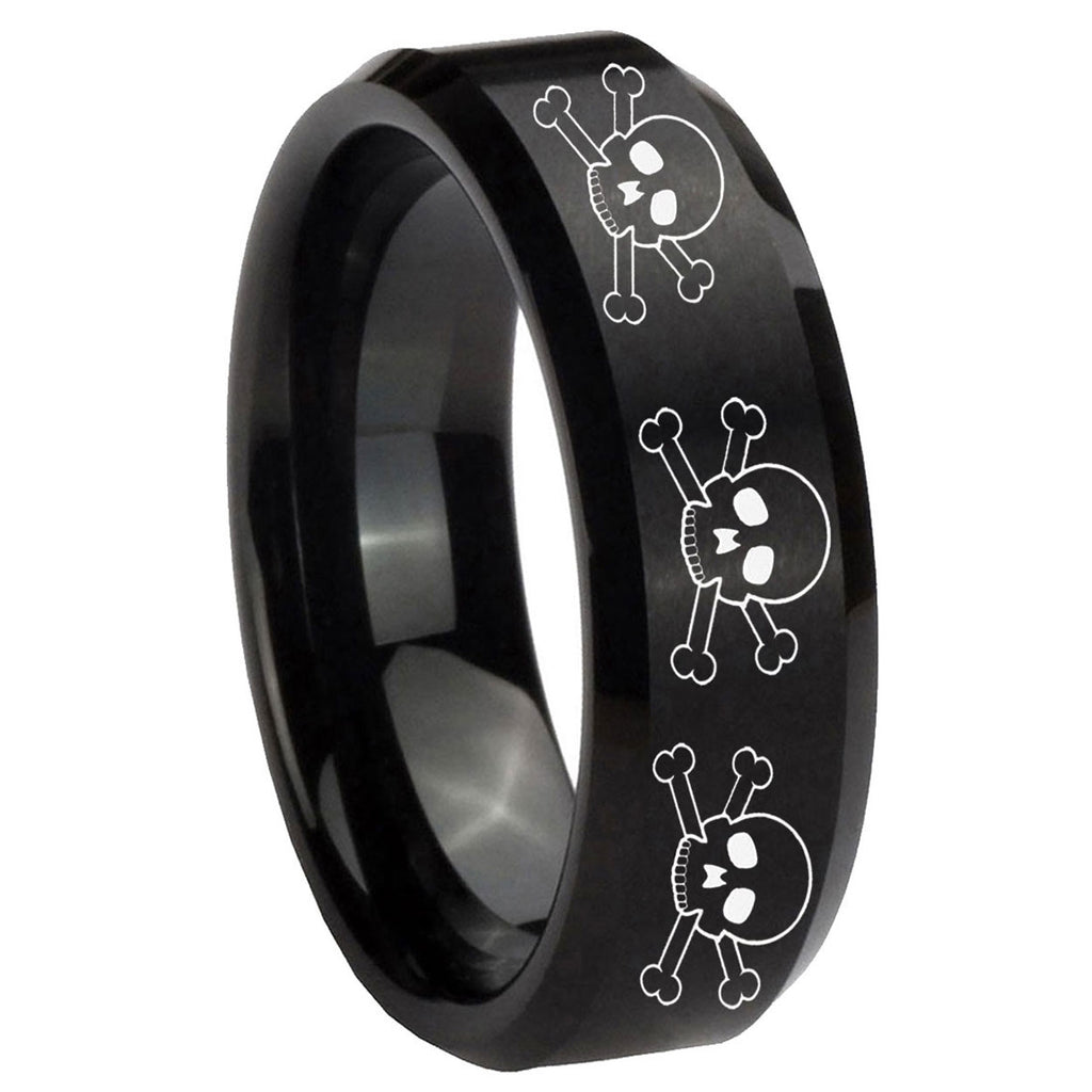 10mm Multiple Skull Beveled Edges Brush Black Tungsten Custom Ring for Men