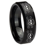 8mm Multiple Skull Beveled Edges Brush Black Tungsten Carbide Custom Mens Ring