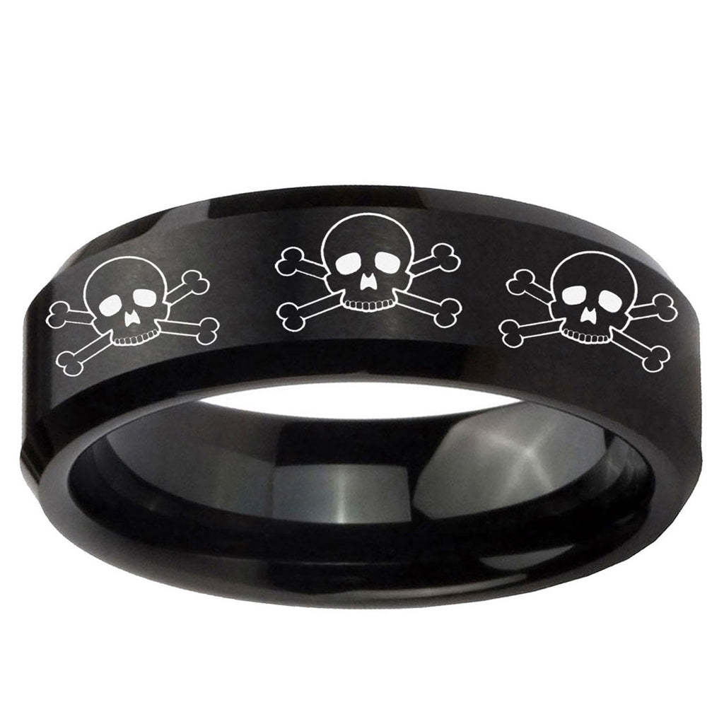 10mm Multiple Skull Beveled Edge Brush Black Tungsten Custom Ring for Men