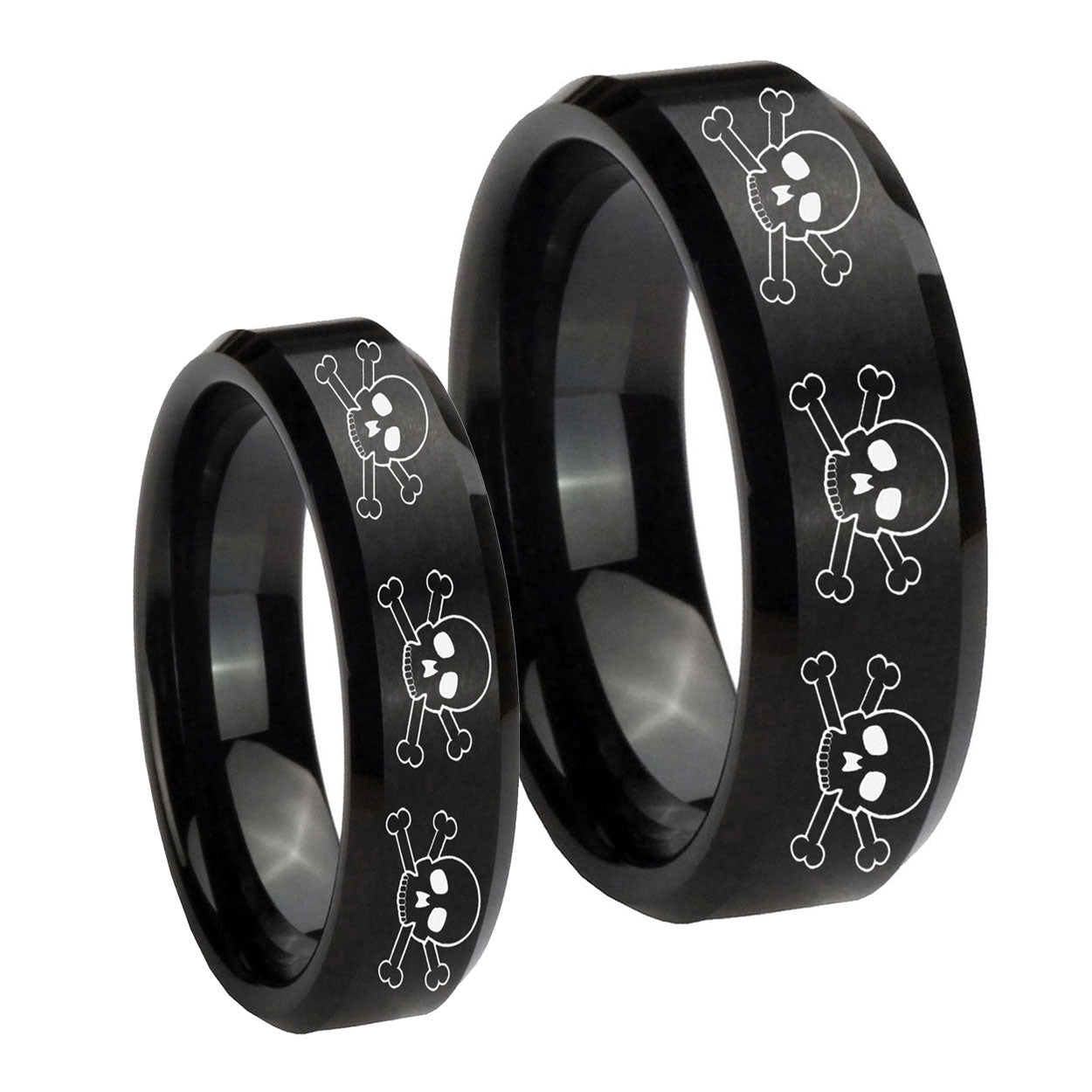 Multiple Skull Beveled Edges Brush Black Tungsten Couple Wedding Rings