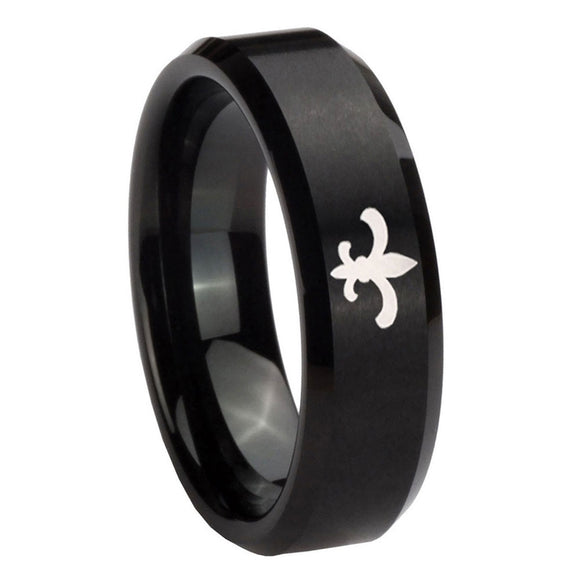 10mm-Fleur-De-Lis-Beveled-Edges-Brush-Black-Tungsten-Carbide-Men's-Wedding-Band