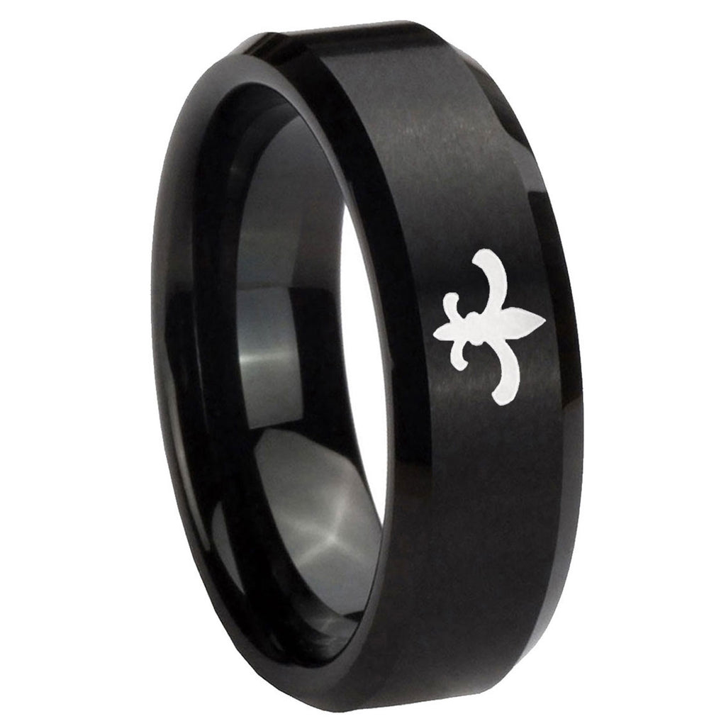 10mm Fleur Delis Beveled Edges Brush Black Tungsten Carbide Men's Wedding Band