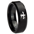 10mm Fleur Delis Beveled Edges Brush Black Tungsten Carbide Men's Wedding Band