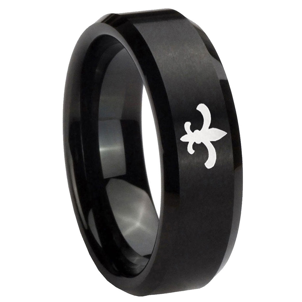 10mm Fleur Delis Beveled Edges Brush Black Tungsten Carbide Men's Wedding Band