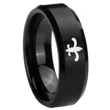 8mm Fleur Delis Beveled Edges Brush Black Tungsten Carbide Mens Wedding Band