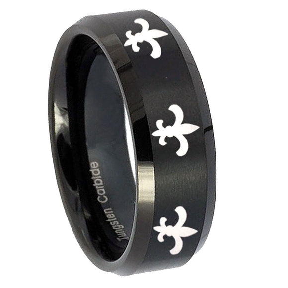 8mm-Multiple-Fleur-De-Lis-Beveled-Edges-Brush-Black-Tungsten-Wedding-Bands-Ring