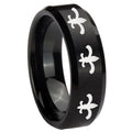 10mm Multiple Fleur Delis Beveled Brush Black Tungsten Wedding Engagement Ring