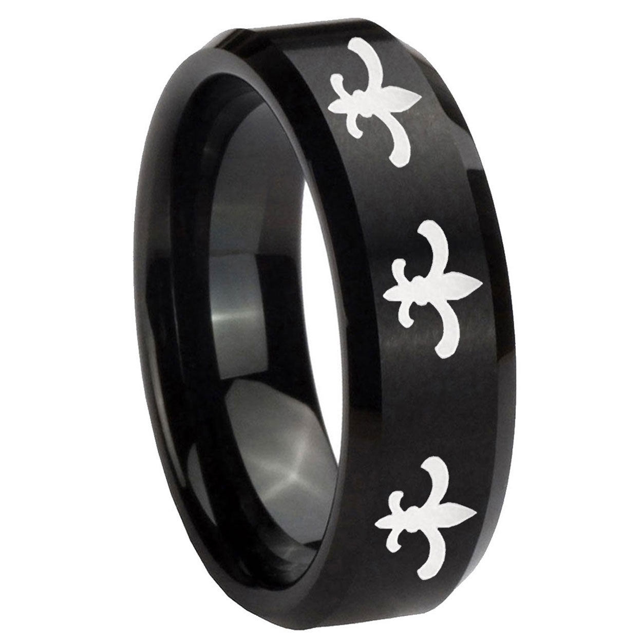 10mm Multiple Fleur Delis Beveled Brush Black Tungsten Wedding Engagement Ring