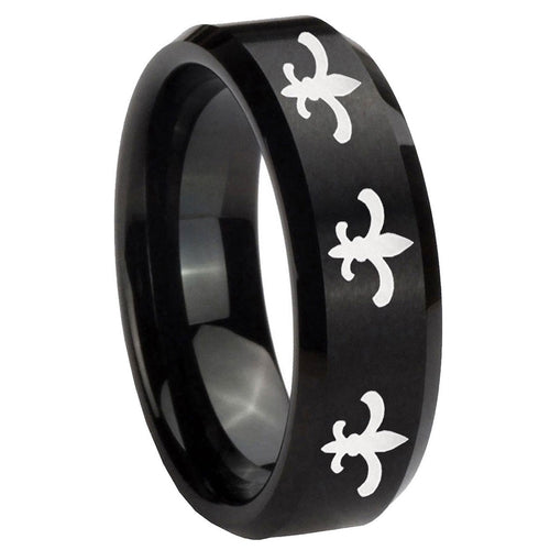 10mm Multiple Fleur Delis Beveled Brush Black Tungsten Wedding Engagement Ring