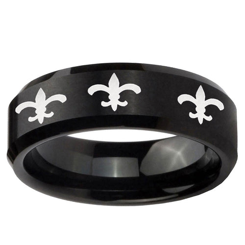 10mm Multiple Fleur-De-Lis Beveled Brush Black Tungsten Ring