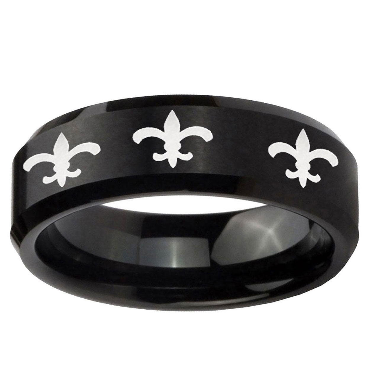 5MM Multiple Fleur-De-Lis Beveled Brushed Black Tungsten Custom Ring
