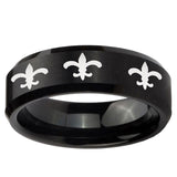 5, 8mm Multiple Fleur-De-Lis Beveled Edge Brush Black Tungsten Wedding Bands Ring