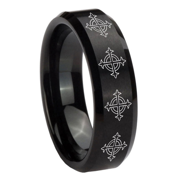 10mm-Multiple-Crosses-Beveled-Edges-Brush-Black-Tungsten-Mens-Wedding-Ring