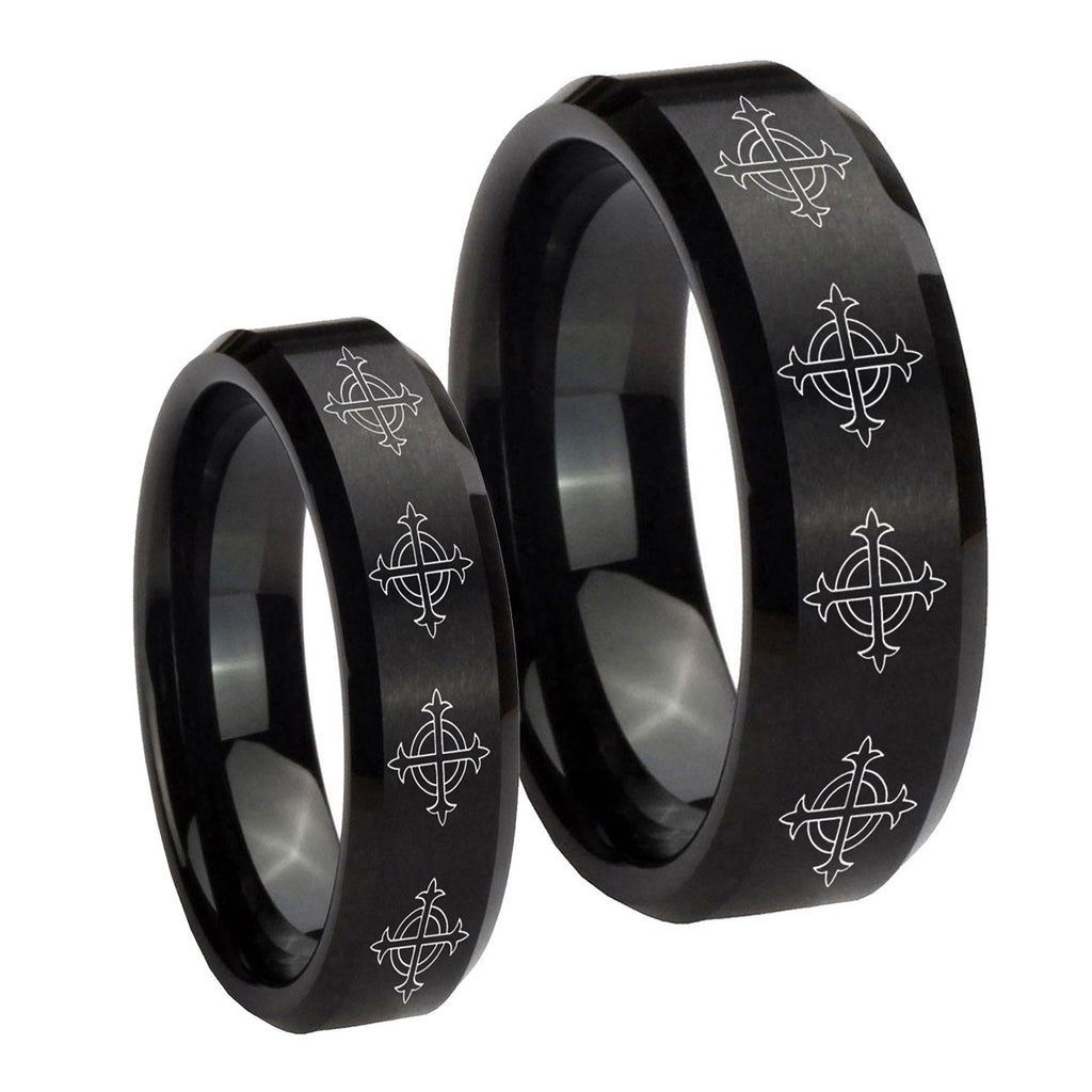 Multiple Crosses Beveled Edges Brush Black Tungsten Bridal Set Rings