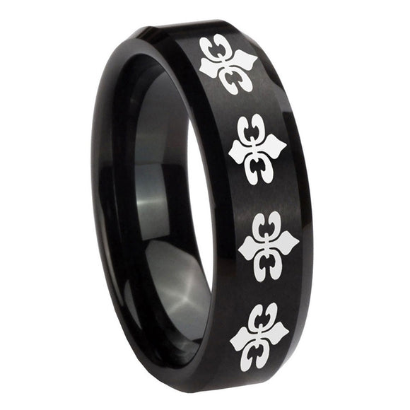 8mm-Multiple-Fleur-De-Lis-Beveled-Brush-Black-Tungsten-Mens-Ring-Personalized