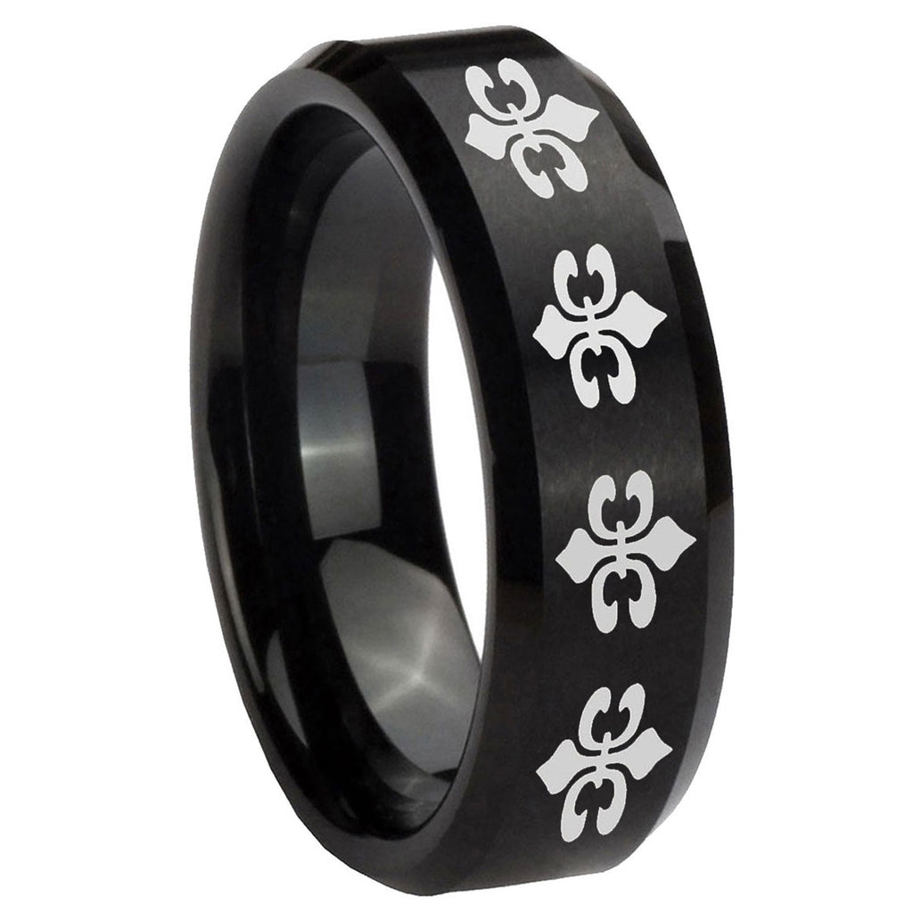 10mm Multiple Fleur Delis Beveled Edges Brush Black Tungsten Mens Wedding Band