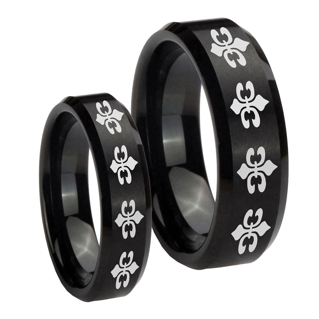 Multiple Fleur De Lis Beveled Brush Black Tungsten His Hers Ring Set