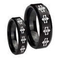 Multiple Fleur De Lis Beveled Brush Black Tungsten His Hers Ring Set