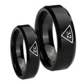Masonic 32 Triangle Freemason Beveled Edges Brush Black Tungsten Mens Ring Set