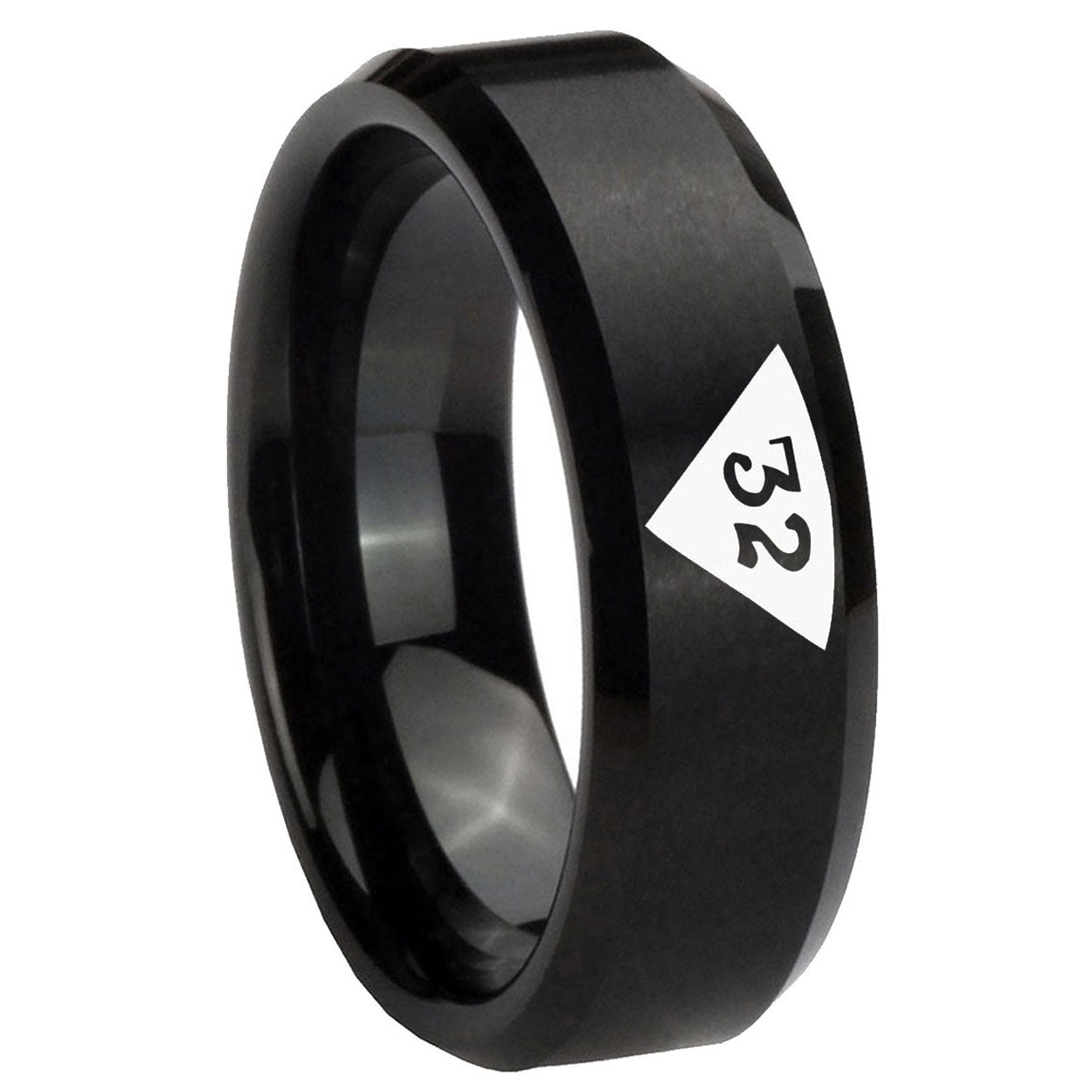 8MM Masonic 32 Triangle Freemason Beveled Brushed Black Tungsten Ring Men