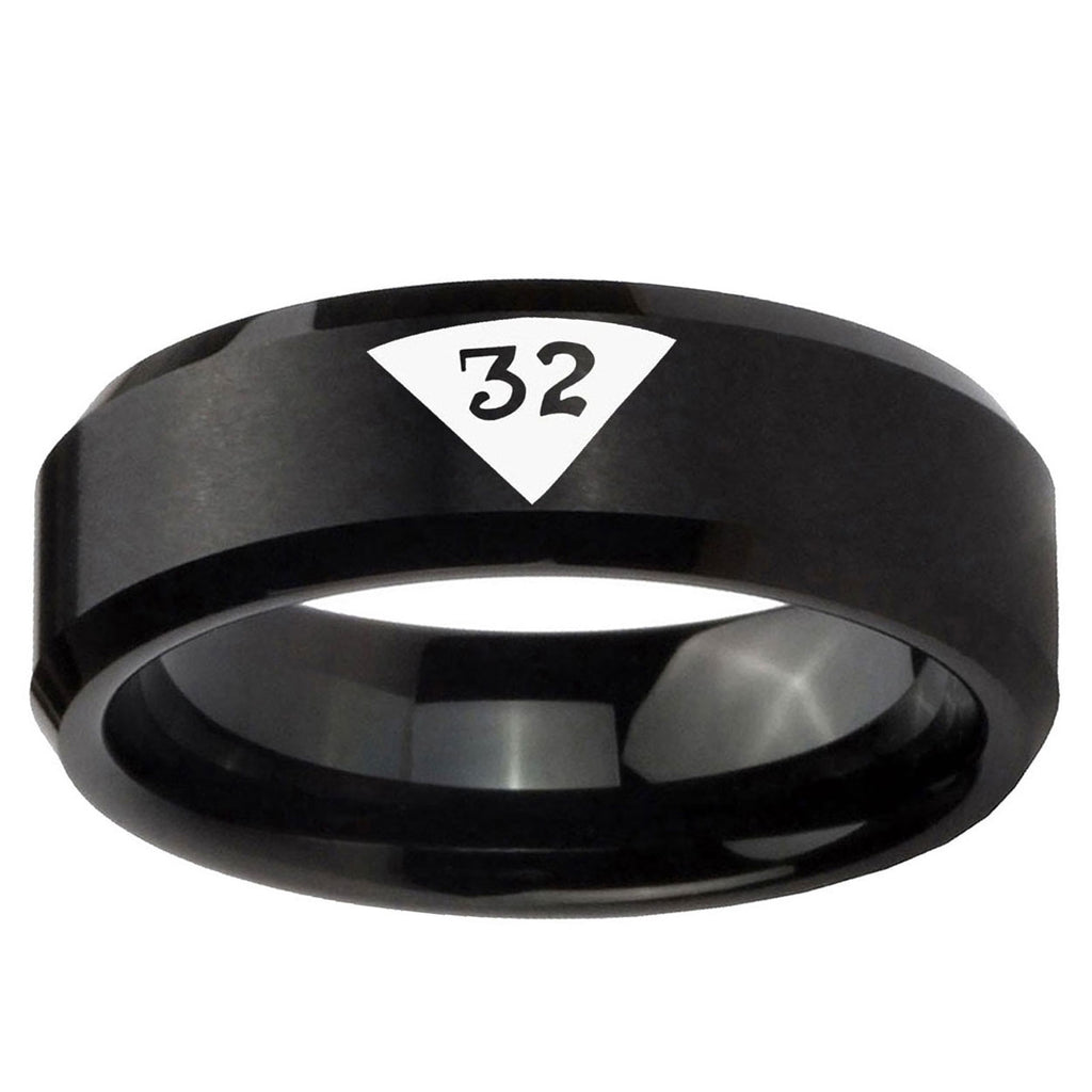 10mm Masonic 32 Triangle Design Freemason Beveled Edge Brush Black Tungsten Ring