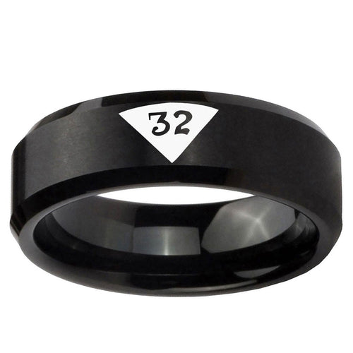 10mm Masonic 32 Triangle Design Freemason Beveled Edge Brush Black Tungsten Ring
