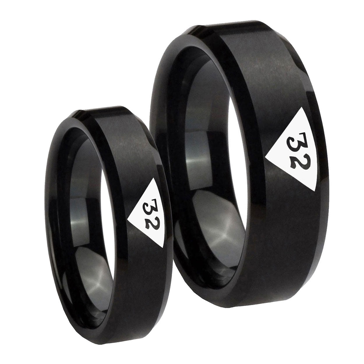 Masonic 32 Triangle Design Freemason Beveled Edges Brush Black Tungsten Couples Ring Set
