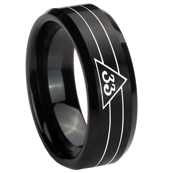 10mm-Masonic-32-Duo-Line-Freemason-Beveled-Edges-Brush-Black-Tungsten-Carbide-Wedding-Band-Ring
