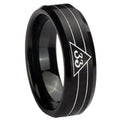8MM Masonic 32 Duo Line Freemason Beveled Brushed Black Tungsten Band