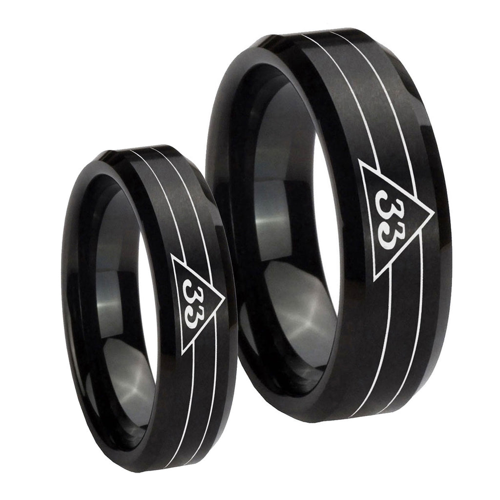 Masonic 32 Duo Line Freemason Beveled Edges Brush Black Tungsten His Hers Set Rings