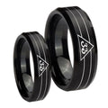 Masonic 32 Duo Line Freemason Beveled Edges Brush Black Tungsten His Hers Set Rings