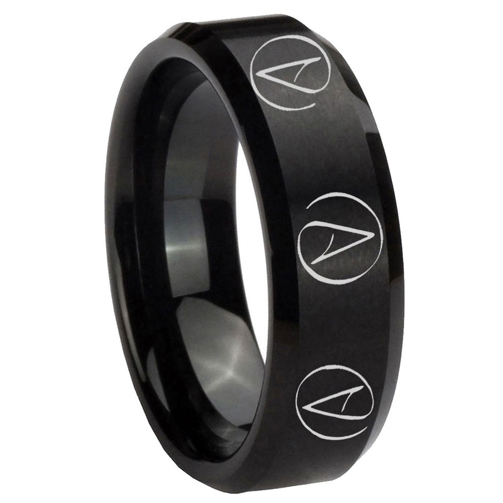 10mm Atheist Design Beveled Edges Brush Black Tungsten Mens Ring