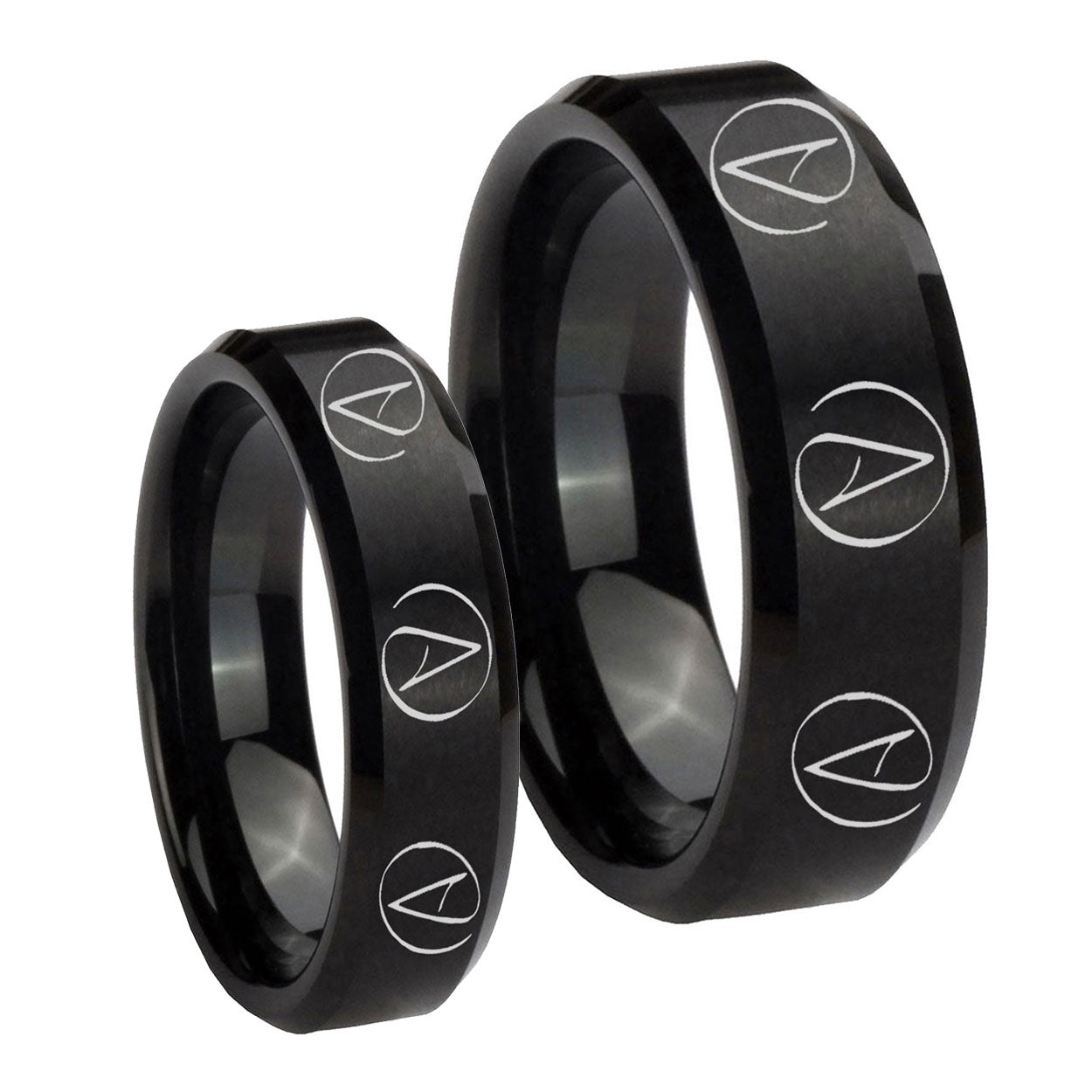 Atheist Design Beveled Brush Black Tungsten Couples Ring Set